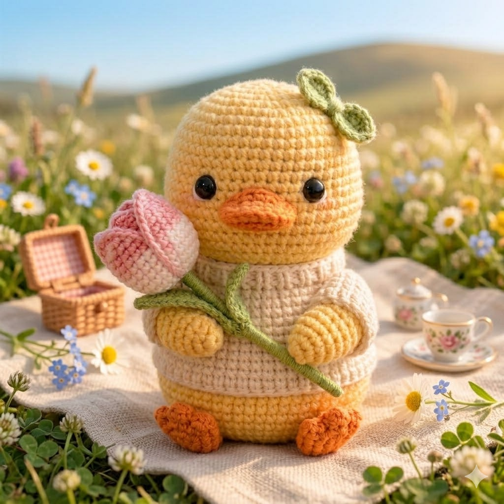 Handmade Crochet Duck with Tulip Flower – Cute Amigurumi Desk Decor