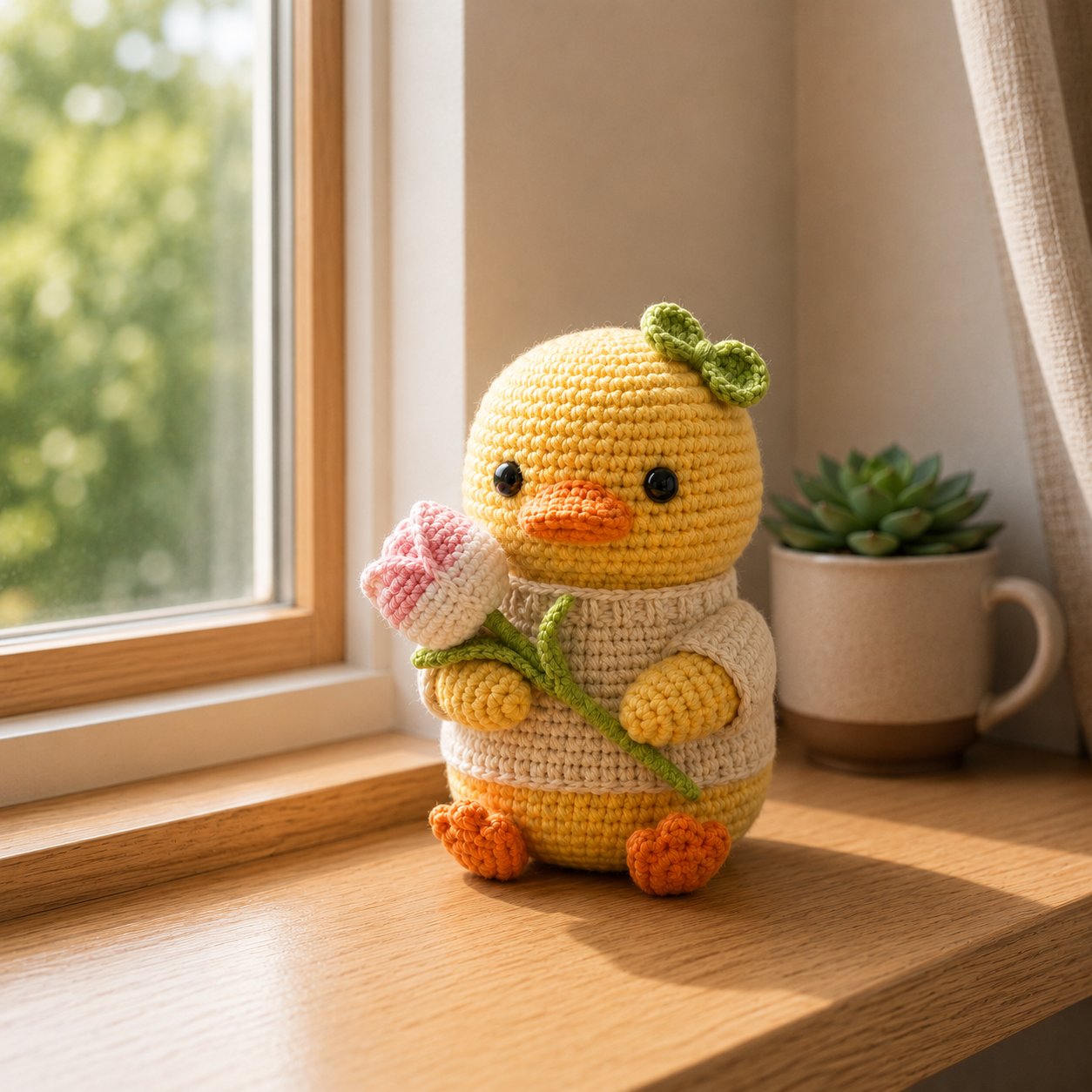 Handmade Crochet Duck with Tulip Flower – Cute Amigurumi Desk Decor