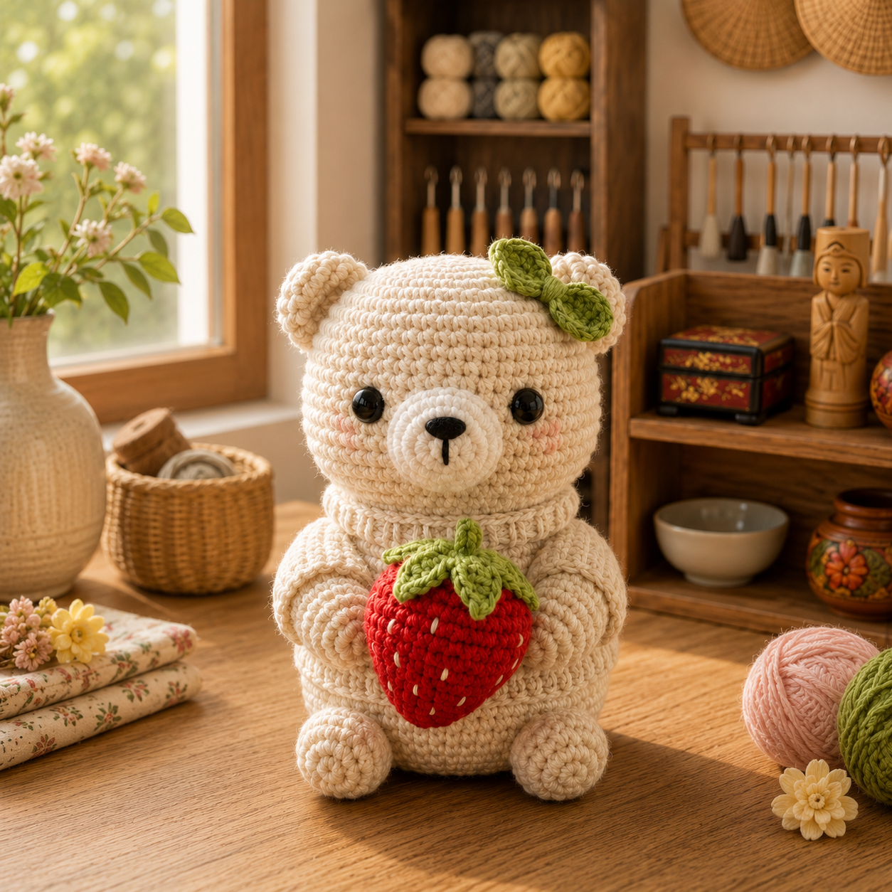 Handmade Crochet Teddy Bear with Strawberry – Cute Plush Gift