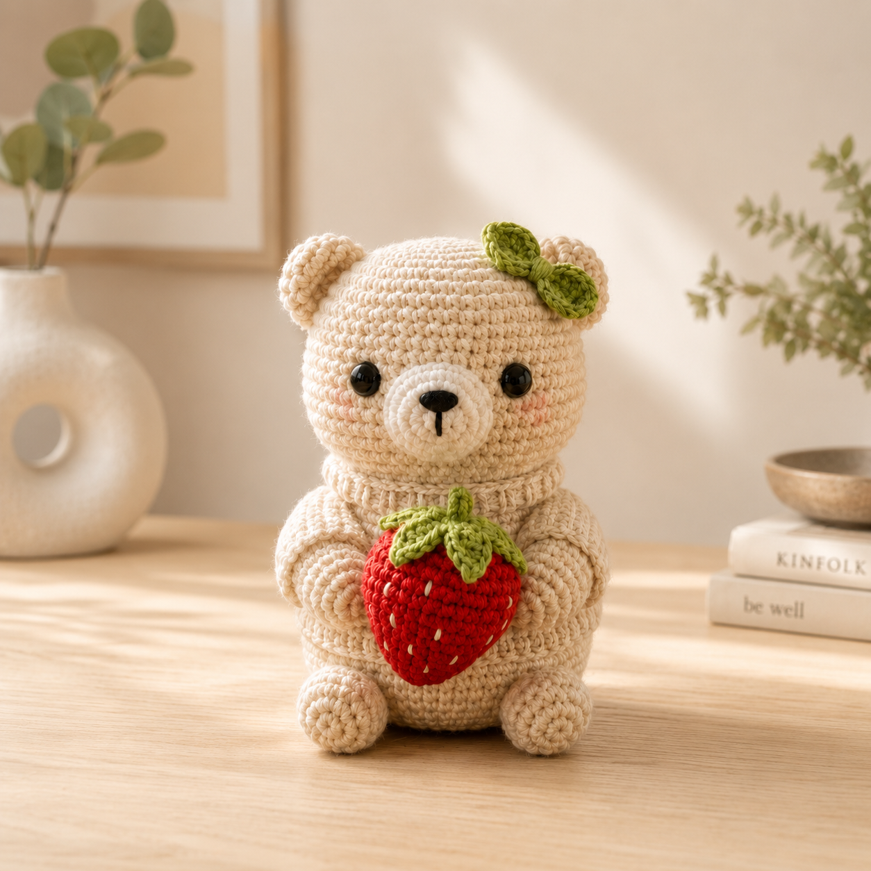 Handmade Crochet Teddy Bear with Strawberry – Cute Plush Gift
