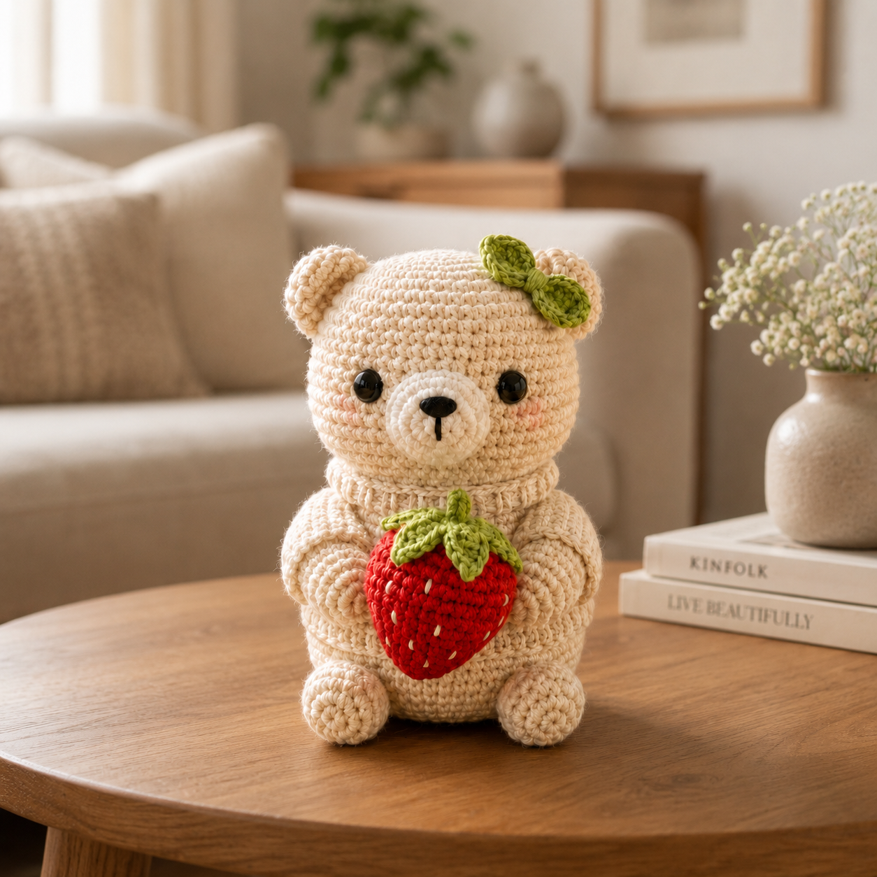 Handmade Crochet Teddy Bear with Strawberry – Cute Plush Gift