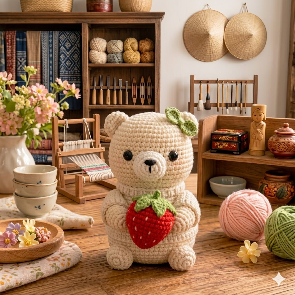 Handmade Crochet Teddy Bear with Strawberry – Cute Plush Gift