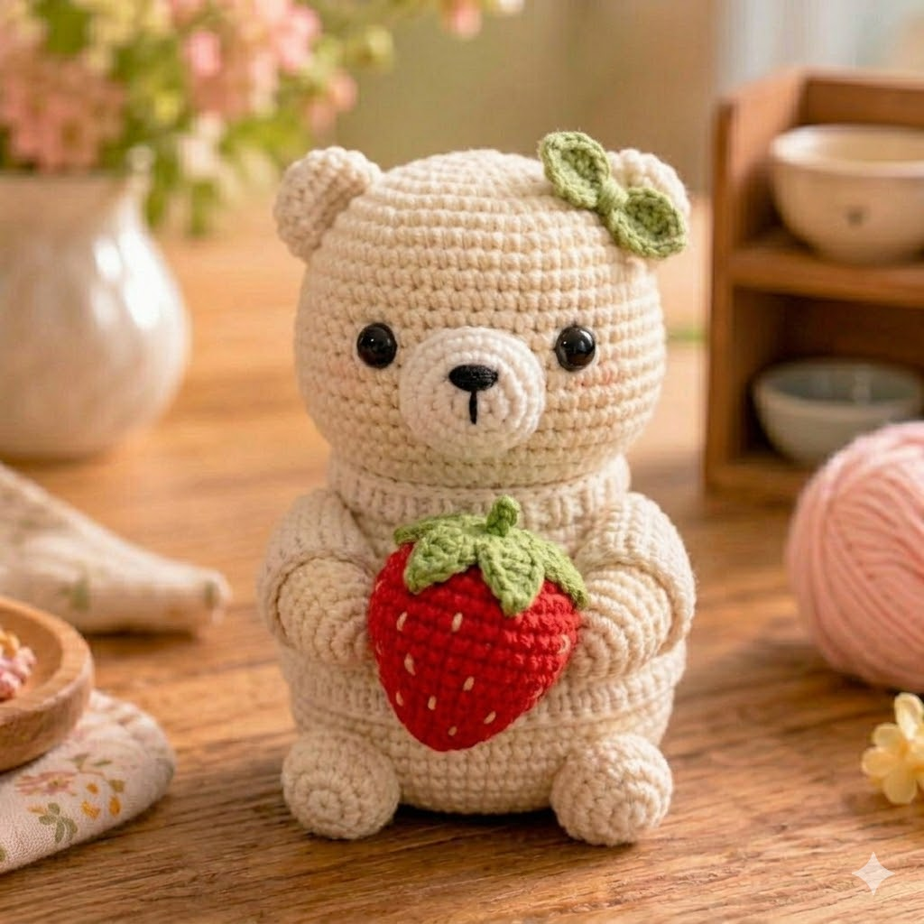 Handmade Crochet Teddy Bear with Strawberry – Cute Plush Gift