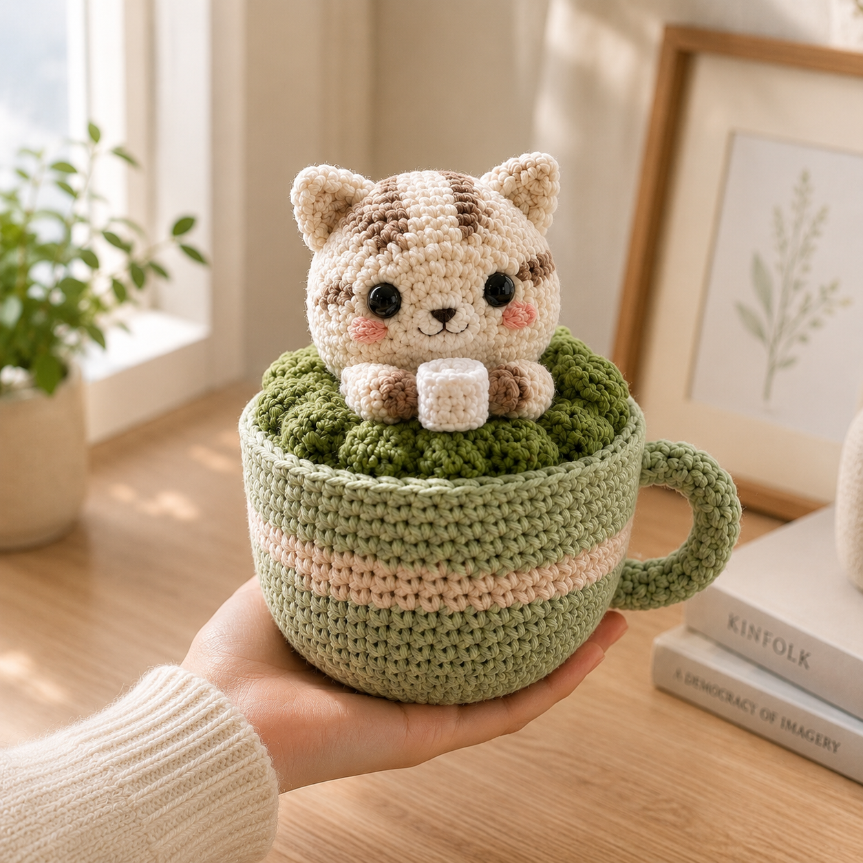 Handmade Crochet Matcha Cat in Teacup – Cute Amigurumi Desk Decor