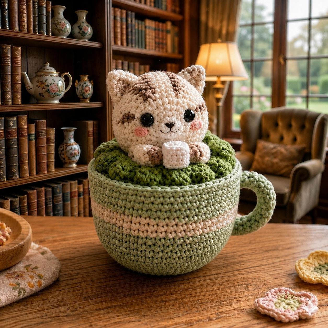 Handmade Crochet Matcha Cat in Teacup – Cute Amigurumi Desk Decor