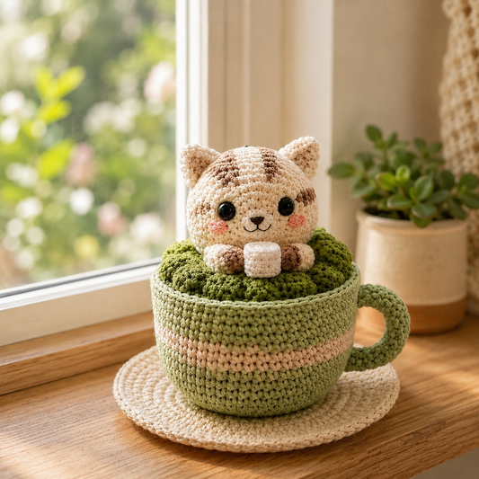 Handmade Crochet Matcha Cat in Teacup – Cute Amigurumi Desk Decor