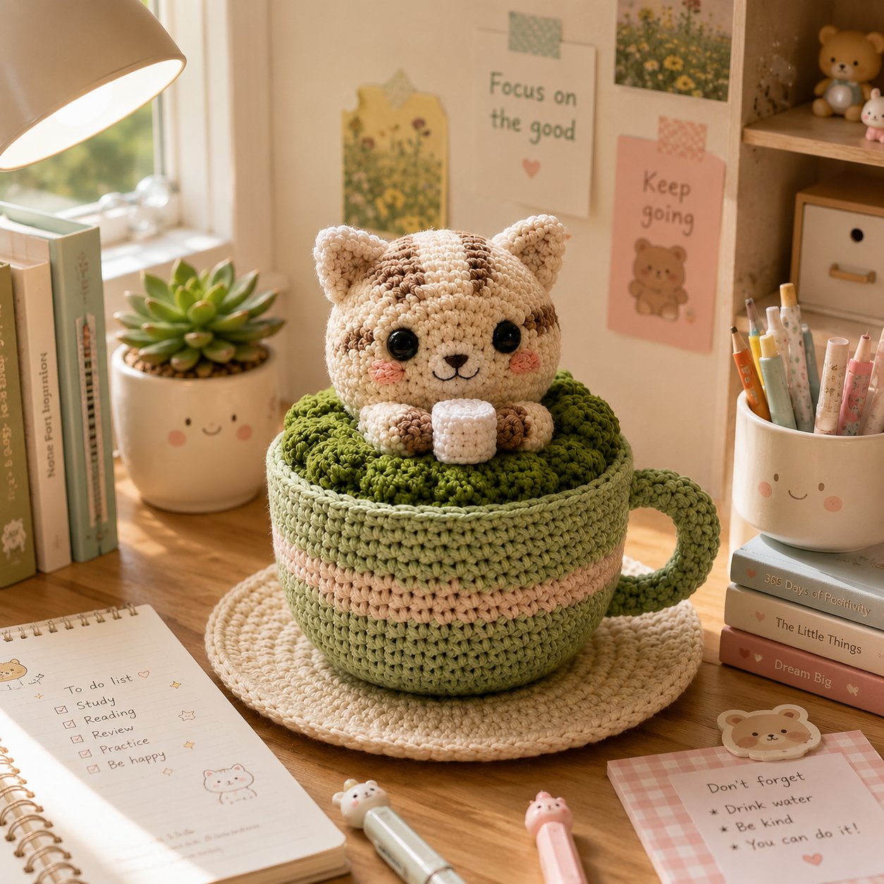 Handmade Crochet Matcha Cat in Teacup – Cute Amigurumi Desk Decor