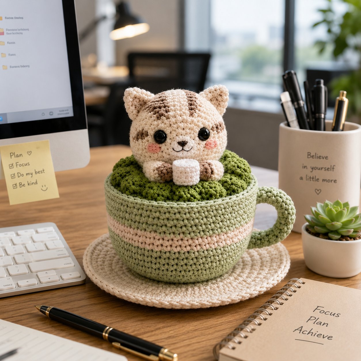 Handmade Crochet Matcha Cat in Teacup – Cute Amigurumi Desk Decor