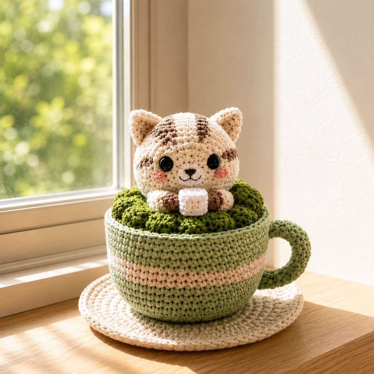 Handmade Crochet Matcha Cat in Teacup – Cute Amigurumi Desk Decor