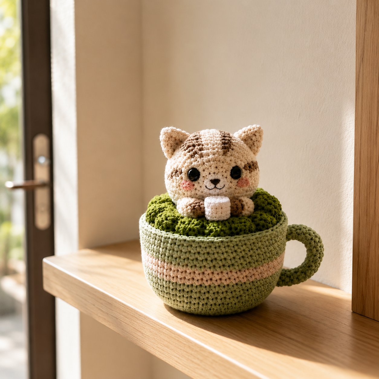 Handmade Crochet Matcha Cat in Teacup – Cute Amigurumi Desk Decor