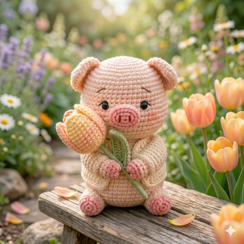 Handmade Crochet Pig with Tulip Flower – Cute Amigurumi Desk Decor