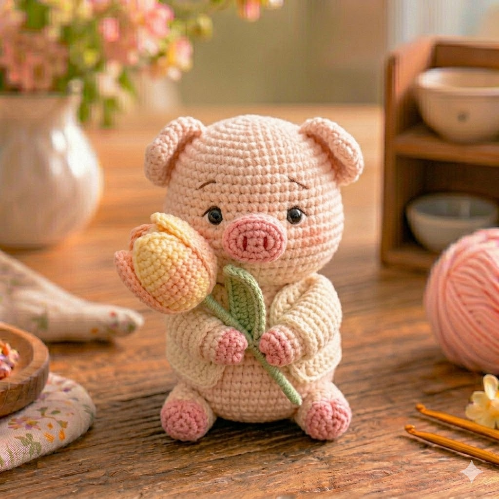 Handmade Crochet Pig with Tulip Flower – Cute Amigurumi Desk Decor