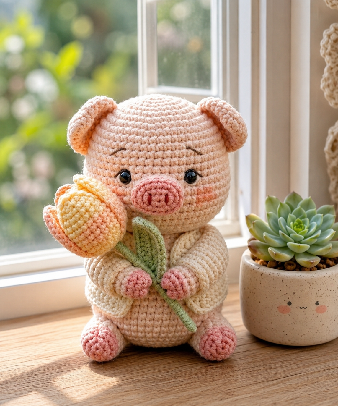 Handmade Crochet Pig with Tulip Flower – Cute Amigurumi Desk Decor