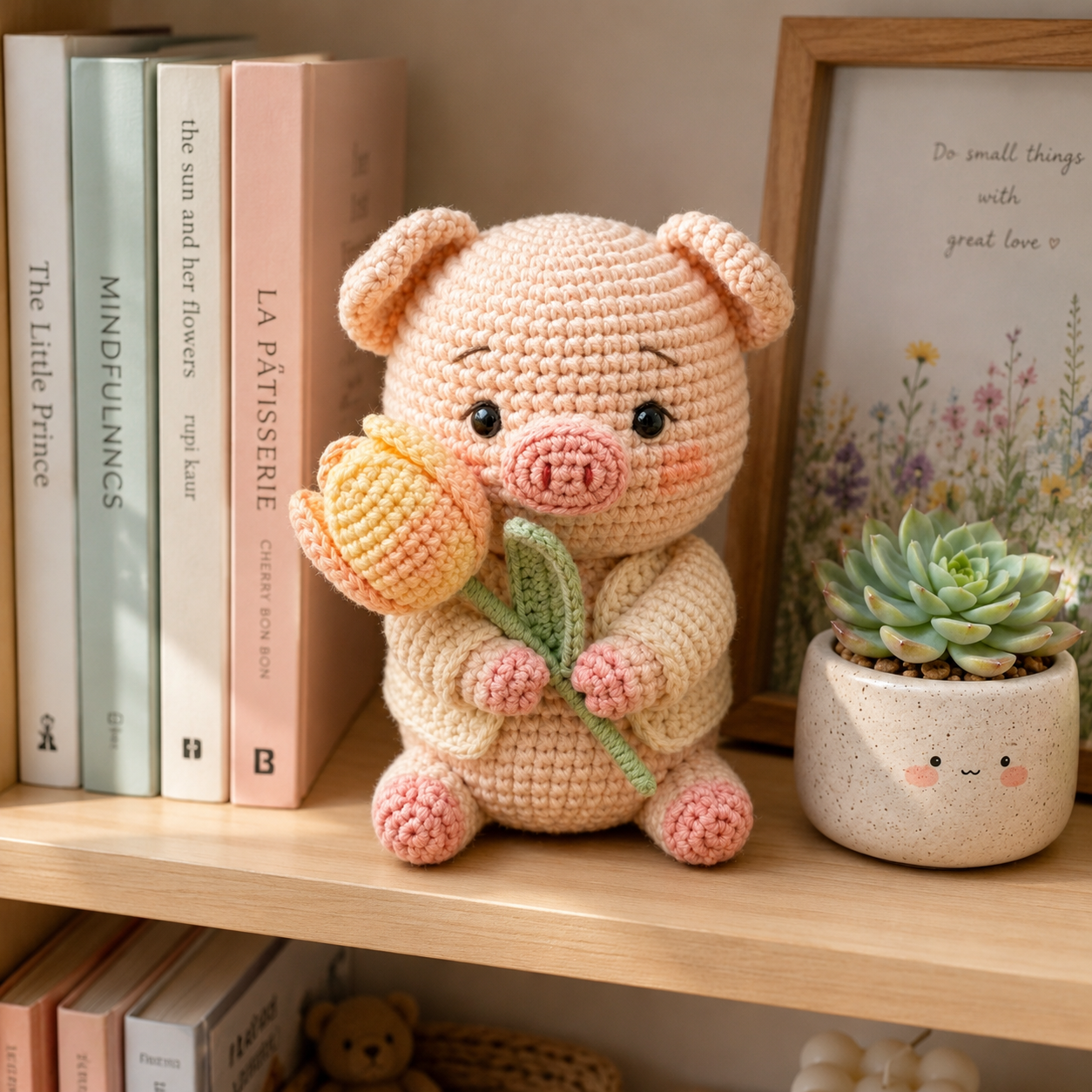Handmade Crochet Pig with Tulip Flower – Cute Amigurumi Desk Decor