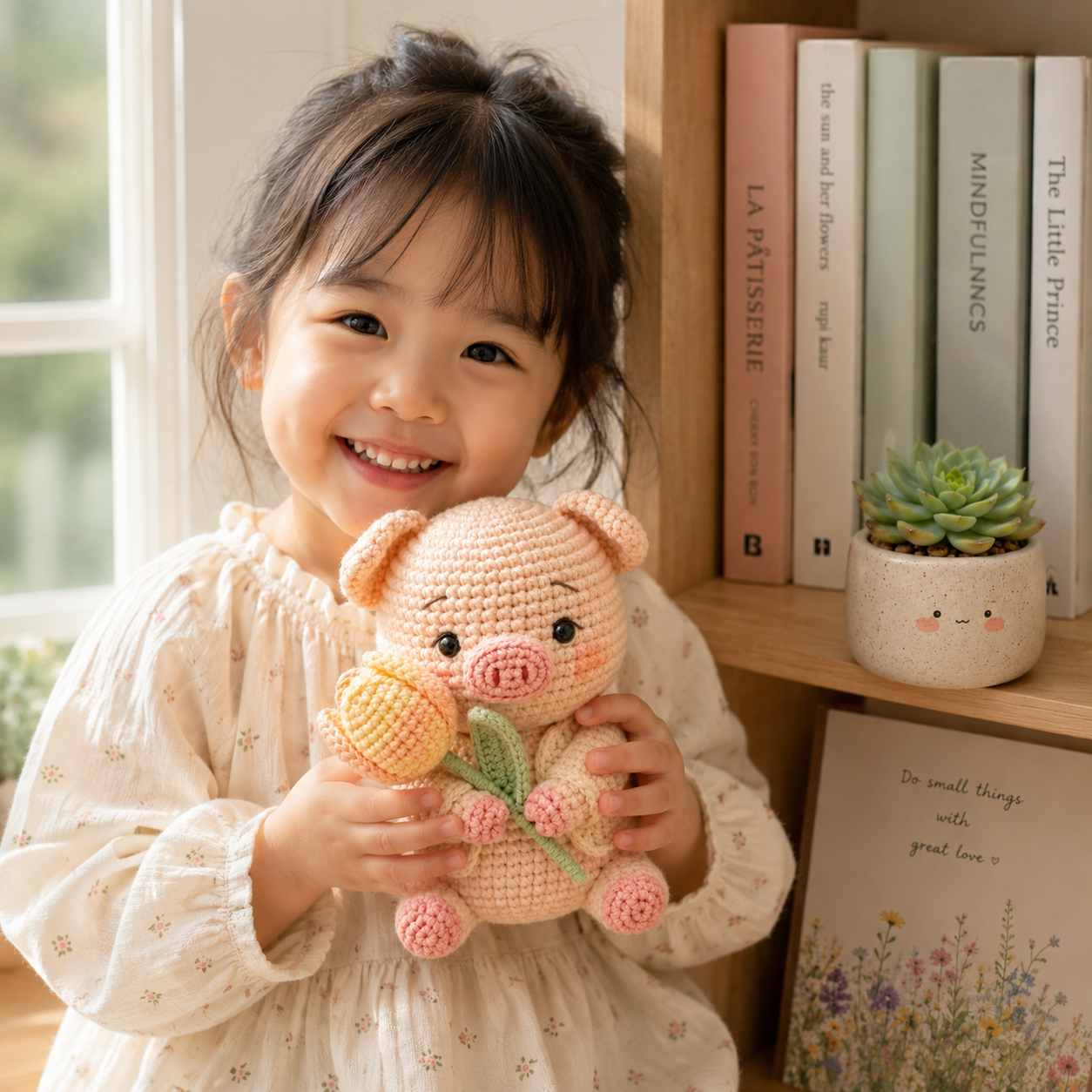Handmade Crochet Pig with Tulip Flower – Cute Amigurumi Desk Decor