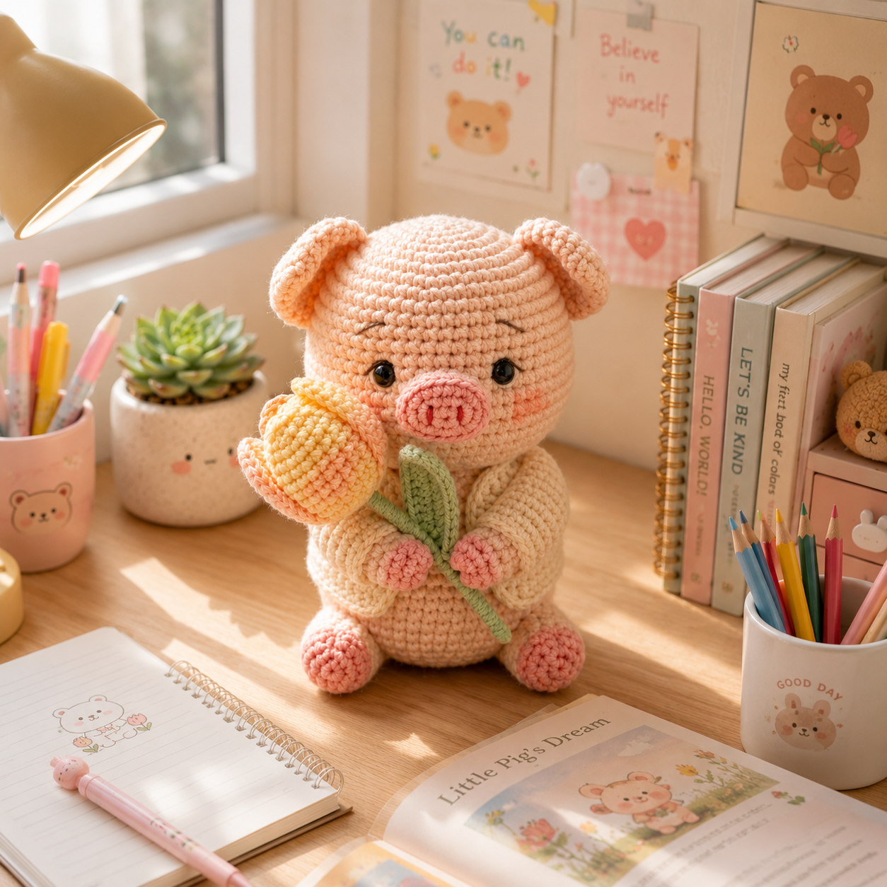 Handmade Crochet Pig with Tulip Flower – Cute Amigurumi Desk Decor