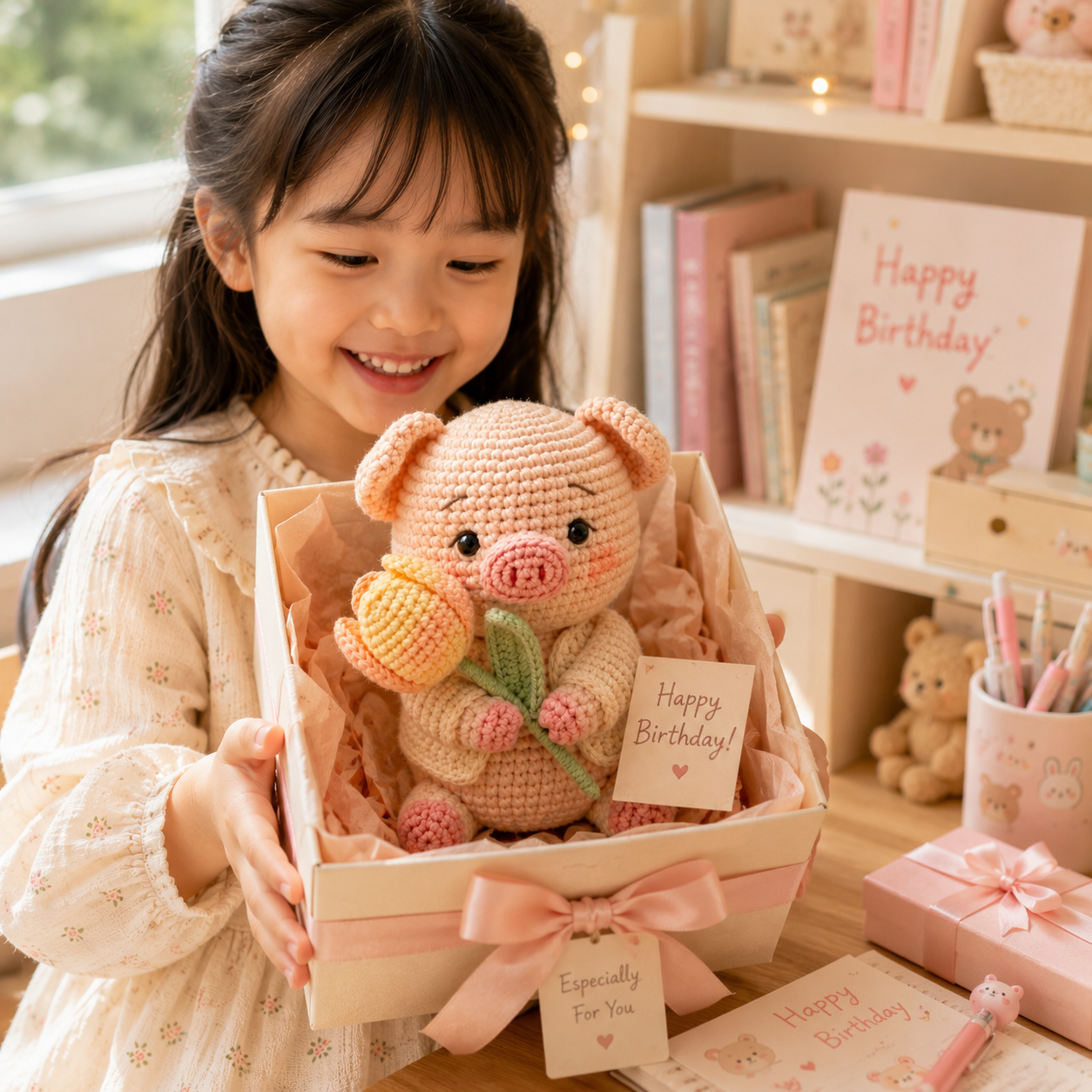 Handmade Crochet Pig with Tulip Flower – Cute Amigurumi Desk Decor