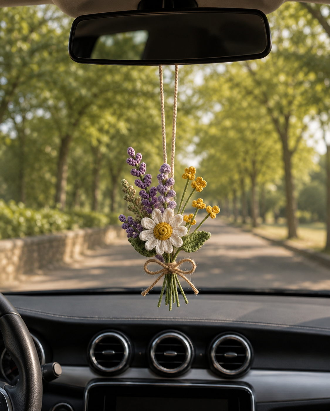 Crochet Daisy Lavender Car Charm – Rear View Mirror Hanging
