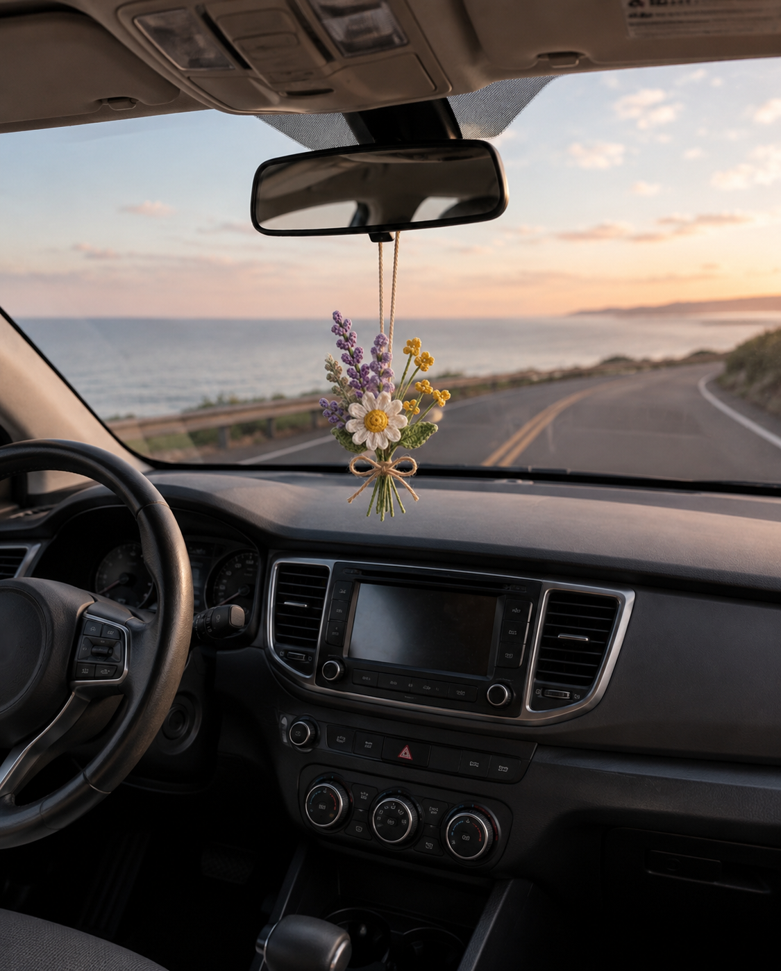 Crochet Daisy Lavender Car Charm – Rear View Mirror Hanging