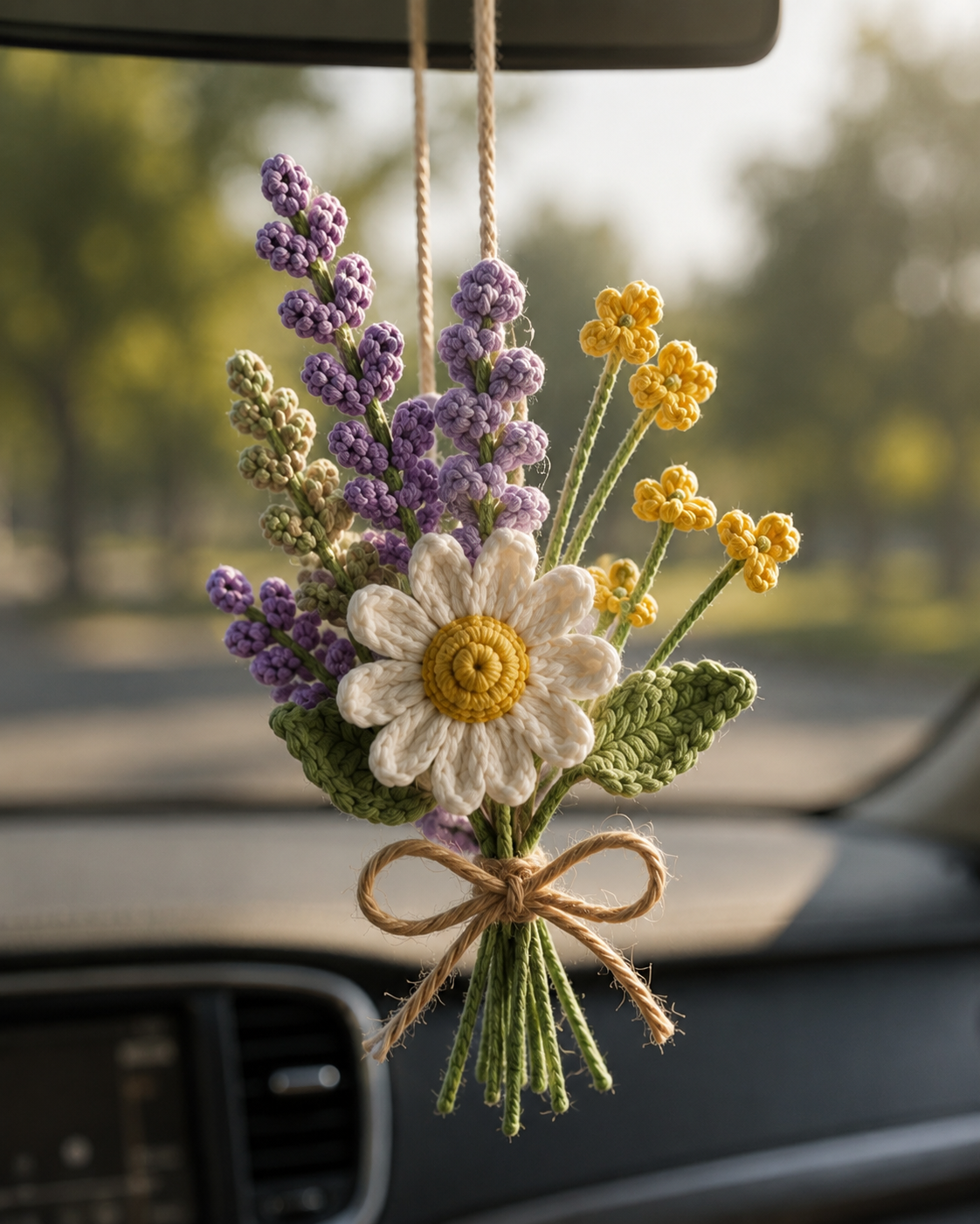 Crochet Daisy Lavender Car Charm – Rear View Mirror Hanging