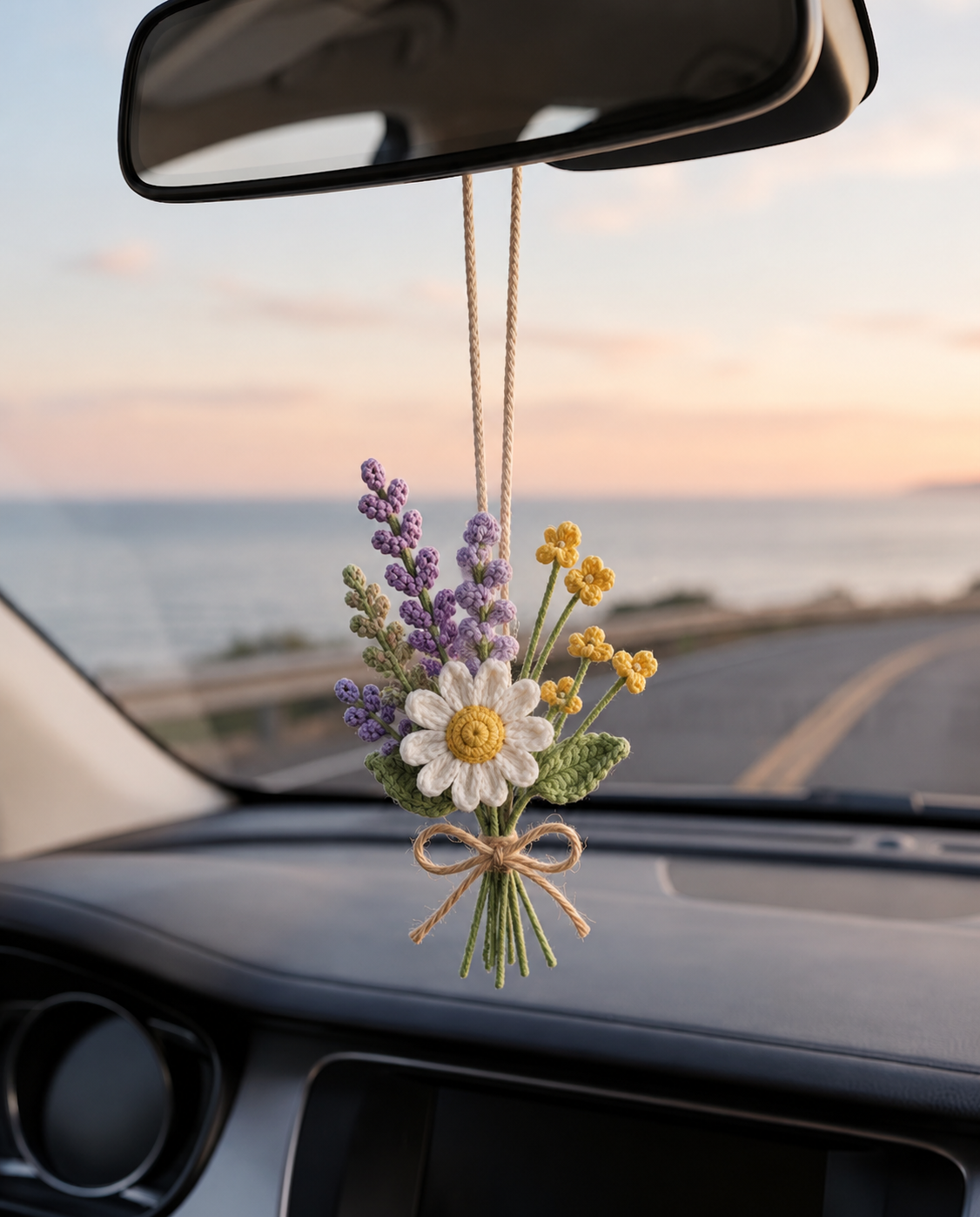 Crochet Daisy Lavender Car Charm – Rear View Mirror Hanging