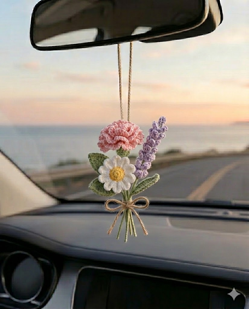 Crochet Daisy Lavender Car Charm – Rear View Mirror Hanging