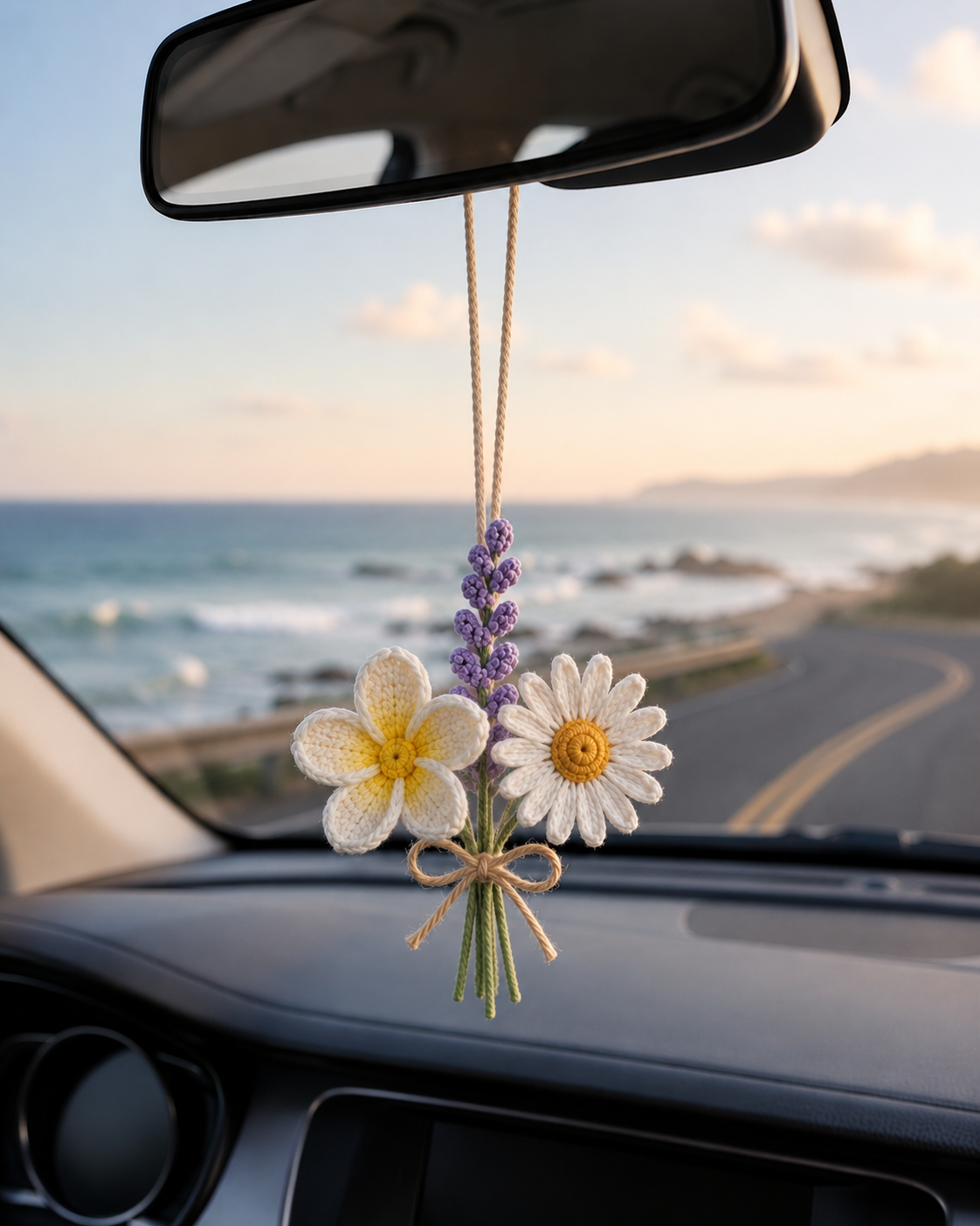 Crochet Daisy Lavender Car Charm – Rear View Mirror Hanging