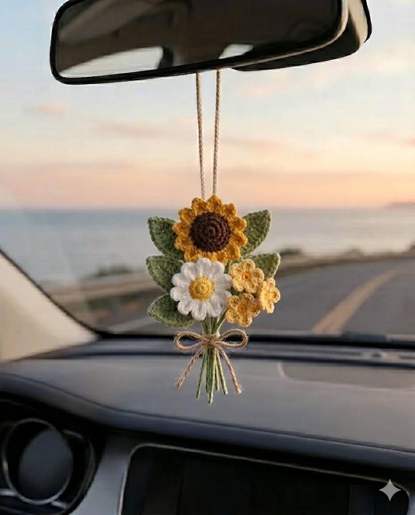Crochet Daisy Lavender Car Charm – Rear View Mirror Hanging