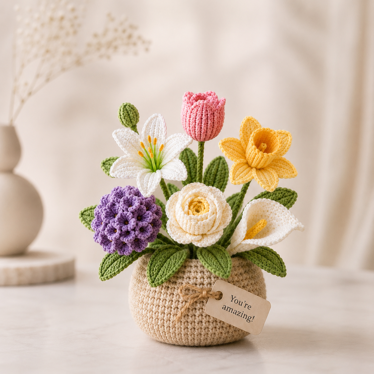 Handmade Crochet Tropical Flower Pot – Hibiscus, Plumeria & Bird of Paradise