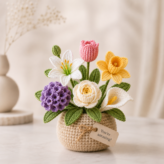 Handmade Crochet Tropical Flower Pot – Hibiscus, Plumeria & Bird of Paradise