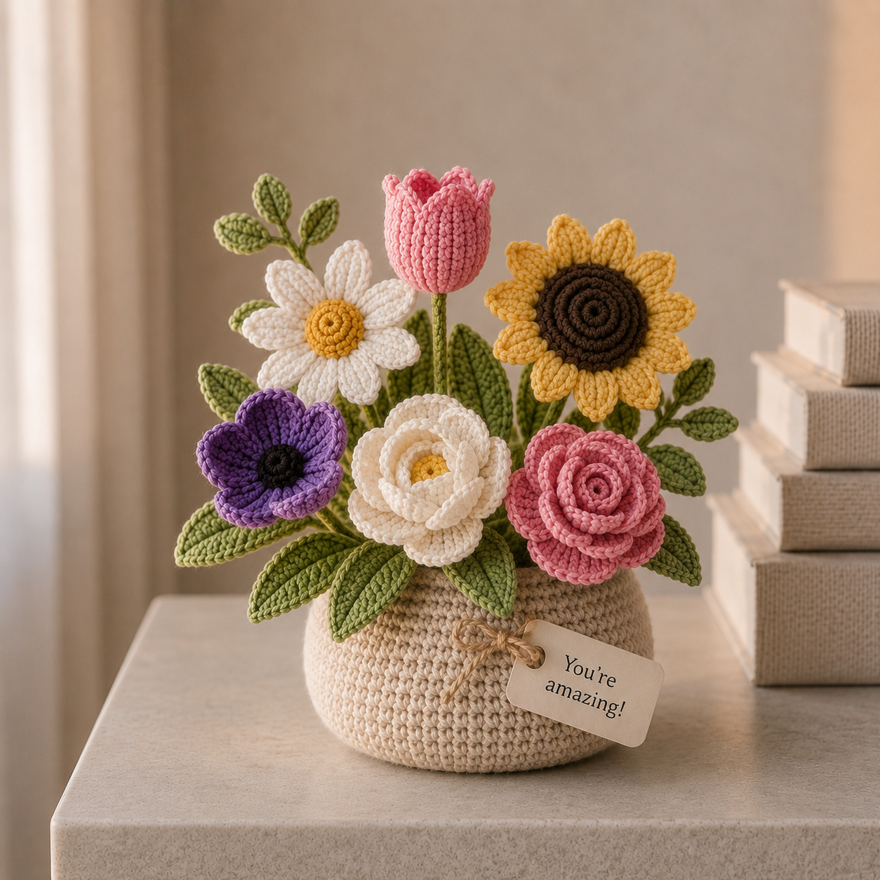 Handmade Crochet Flower Basket – Daisy & Lavender Desk Decor