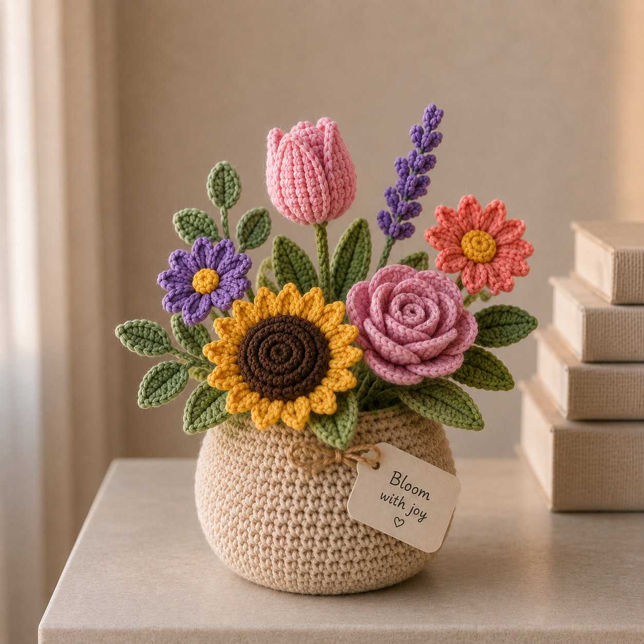 Handmade Crochet Flower Basket – Daisy & Lavender Desk Decor