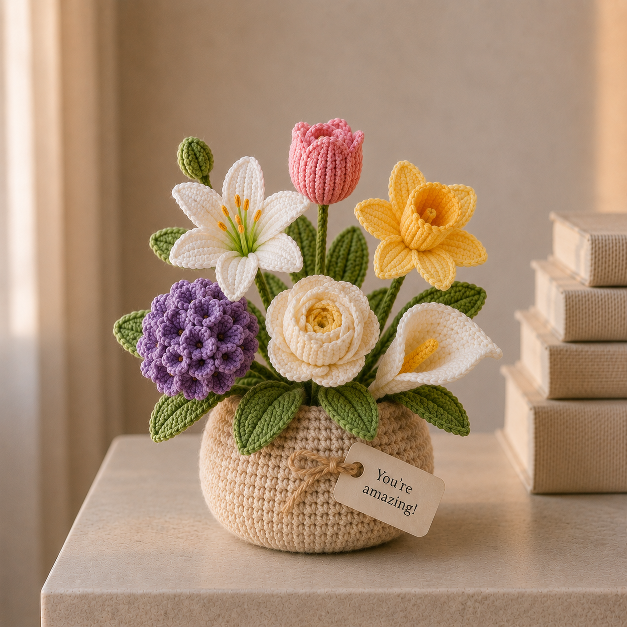 Handmade Crochet Flower Basket – Daisy & Lavender Desk Decor