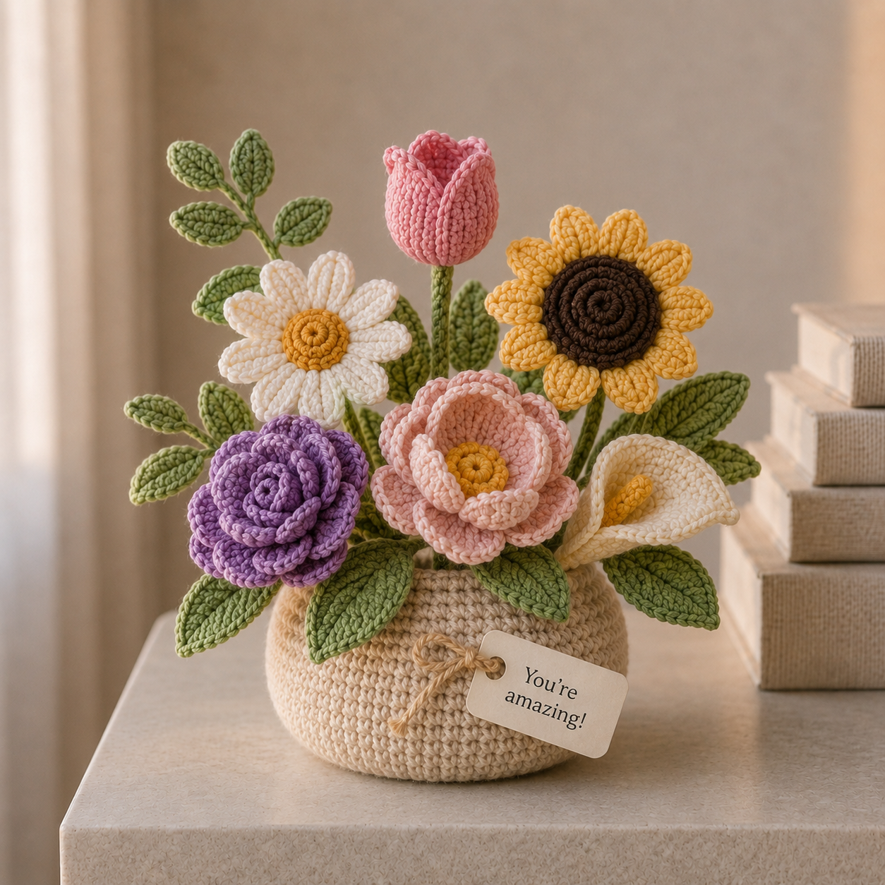 Handmade Crochet Flower Basket – Daisy & Lavender Desk Decor