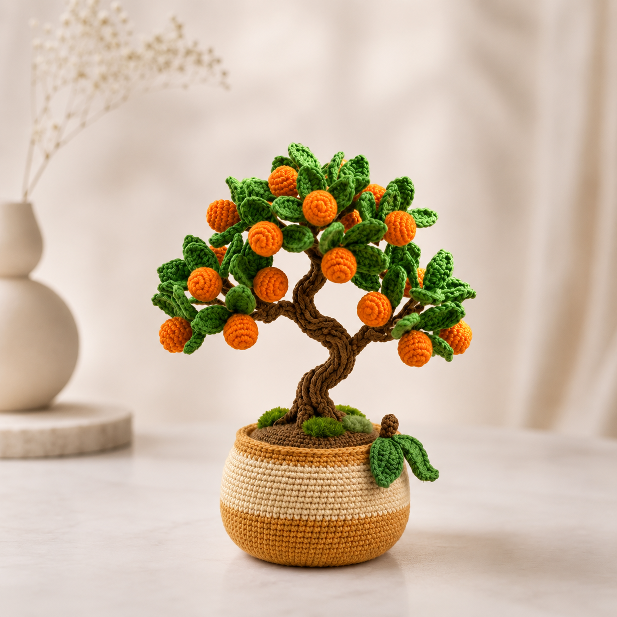 Handmade Crochet Orange Bonsai Tree – Feng Shui Desk Decor