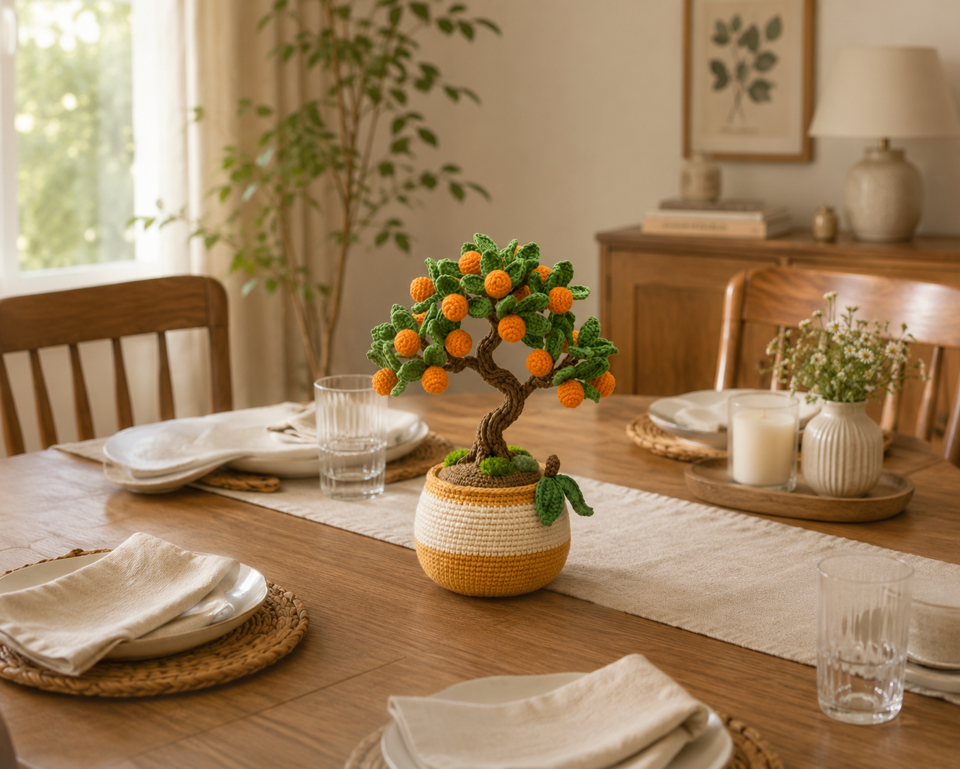 Handmade Crochet Orange Bonsai Tree – Feng Shui Desk Decor