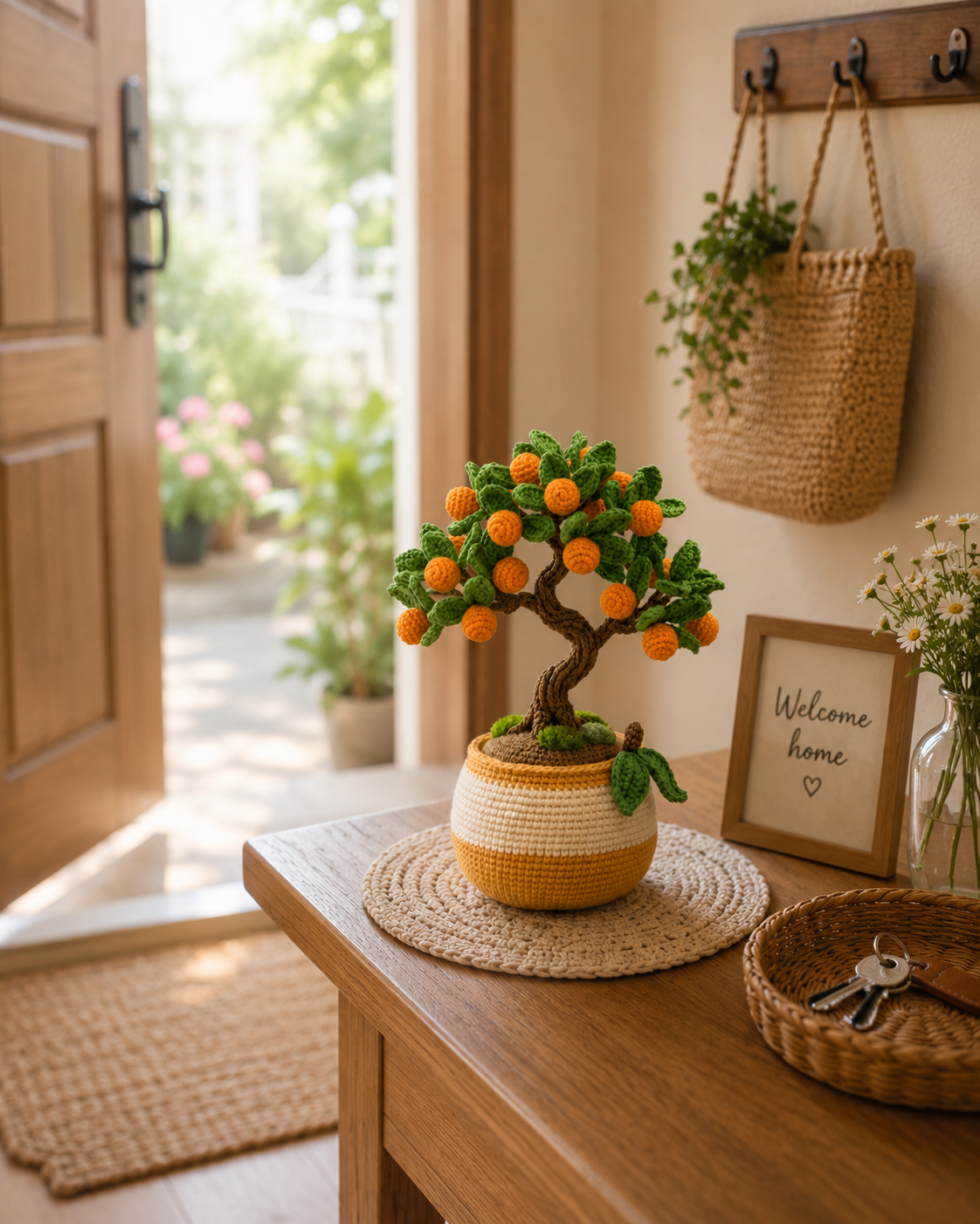 Handmade Crochet Orange Bonsai Tree – Feng Shui Desk Decor