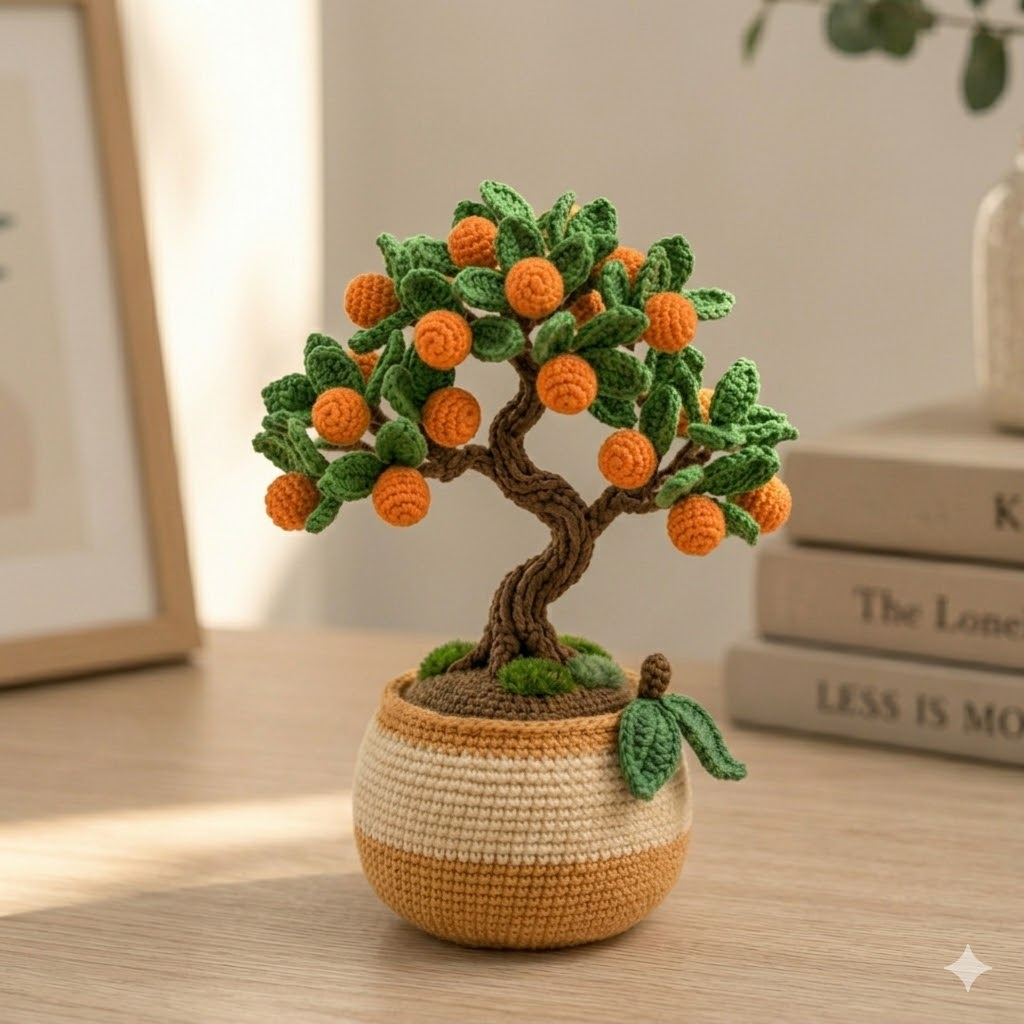 Handmade Crochet Orange Bonsai Tree – Feng Shui Desk Decor