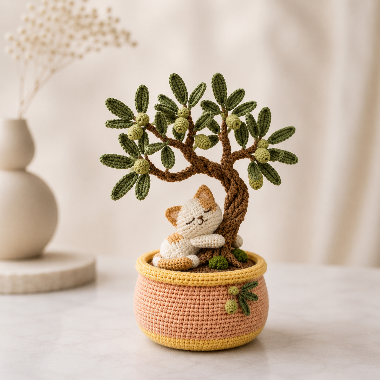 Handmade Crochet Cat with Olive Bonsai Tree – Sleeping Kitten Desk Decor