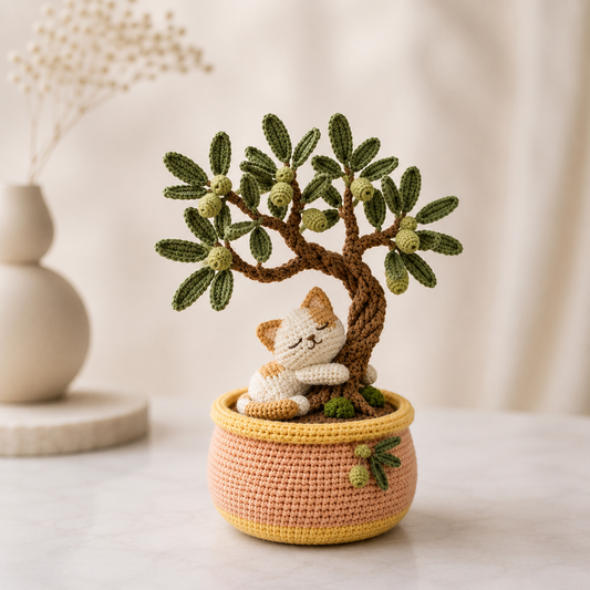 Handmade Crochet Cat with Olive Bonsai Tree – Sleeping Kitten Desk Decor