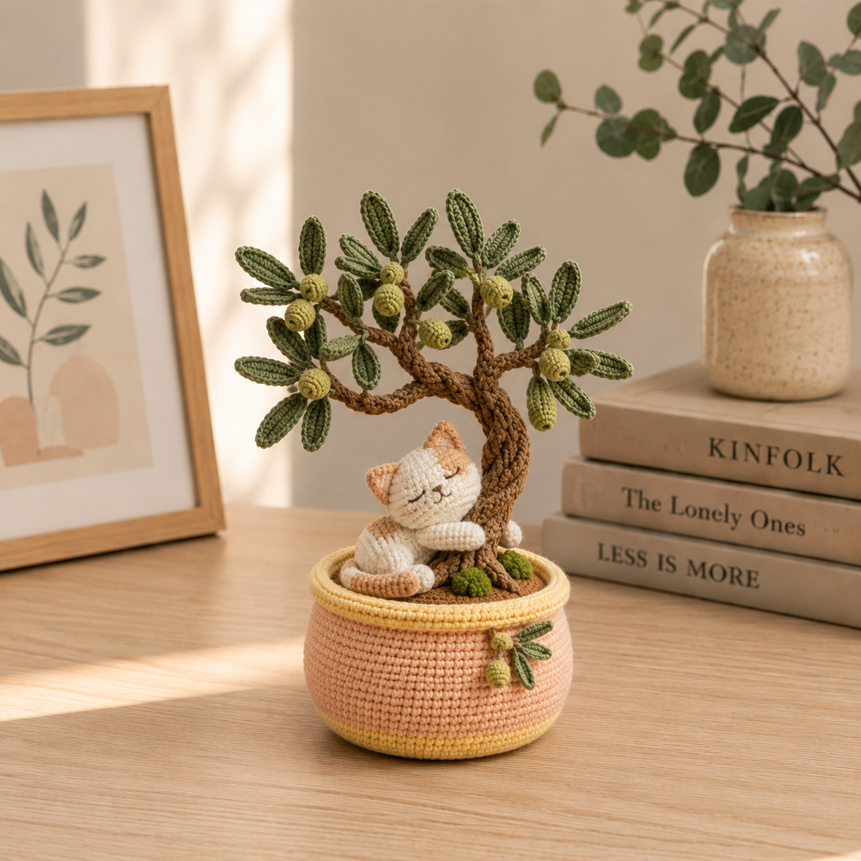 Handmade Crochet Cat with Olive Bonsai Tree – Sleeping Kitten Desk Decor