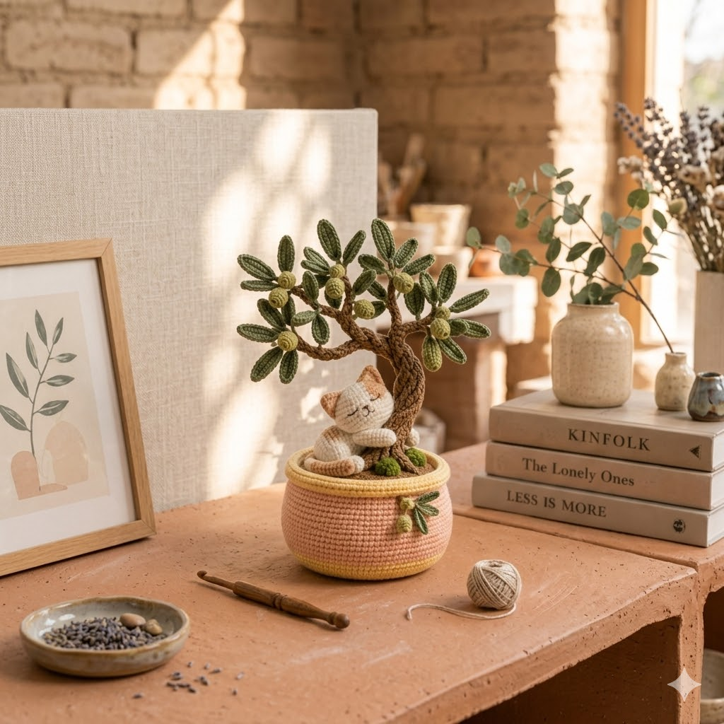 Handmade Crochet Cat with Olive Bonsai Tree – Sleeping Kitten Desk Decor