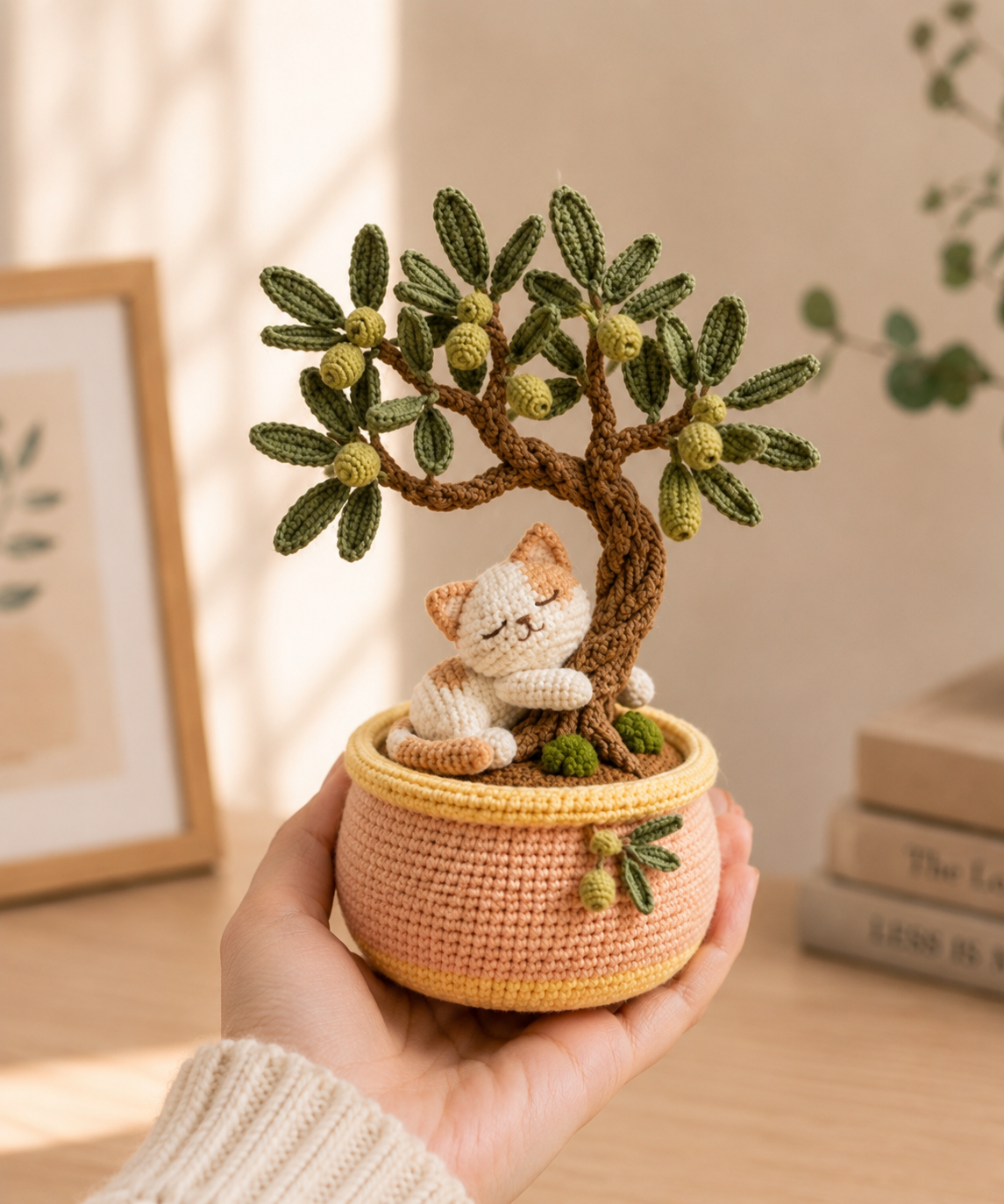 Handmade Crochet Cat with Olive Bonsai Tree – Sleeping Kitten Desk Decor