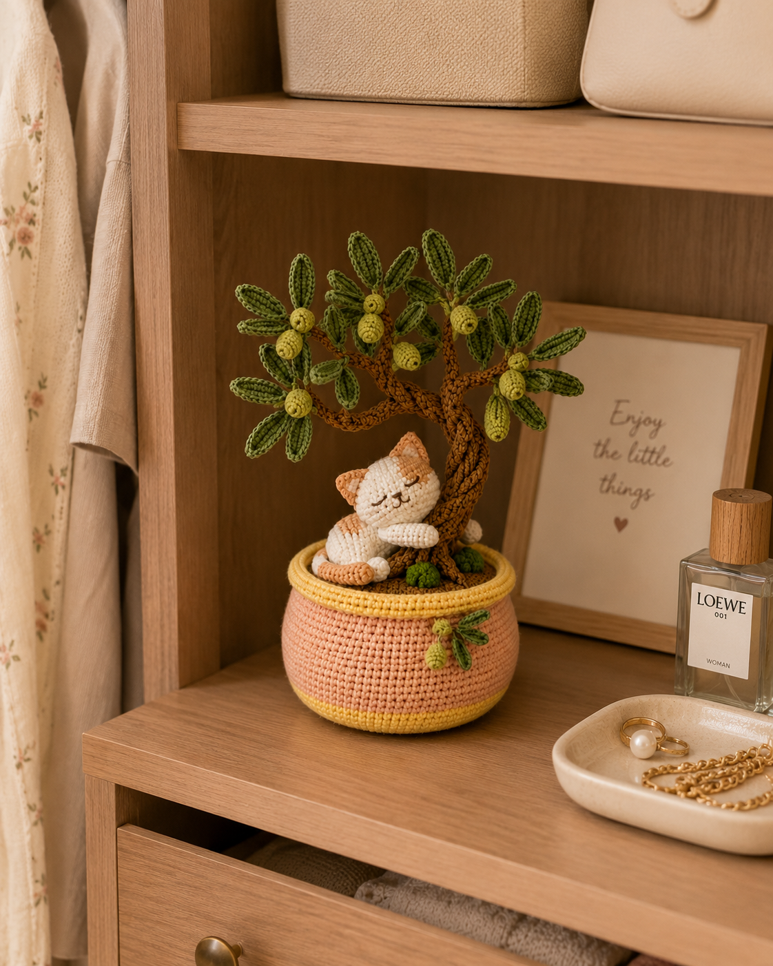 Handmade Crochet Cat with Olive Bonsai Tree – Sleeping Kitten Desk Decor