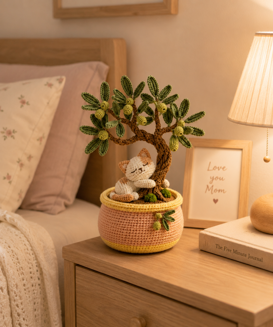 Handmade Crochet Cat with Olive Bonsai Tree – Sleeping Kitten Desk Decor