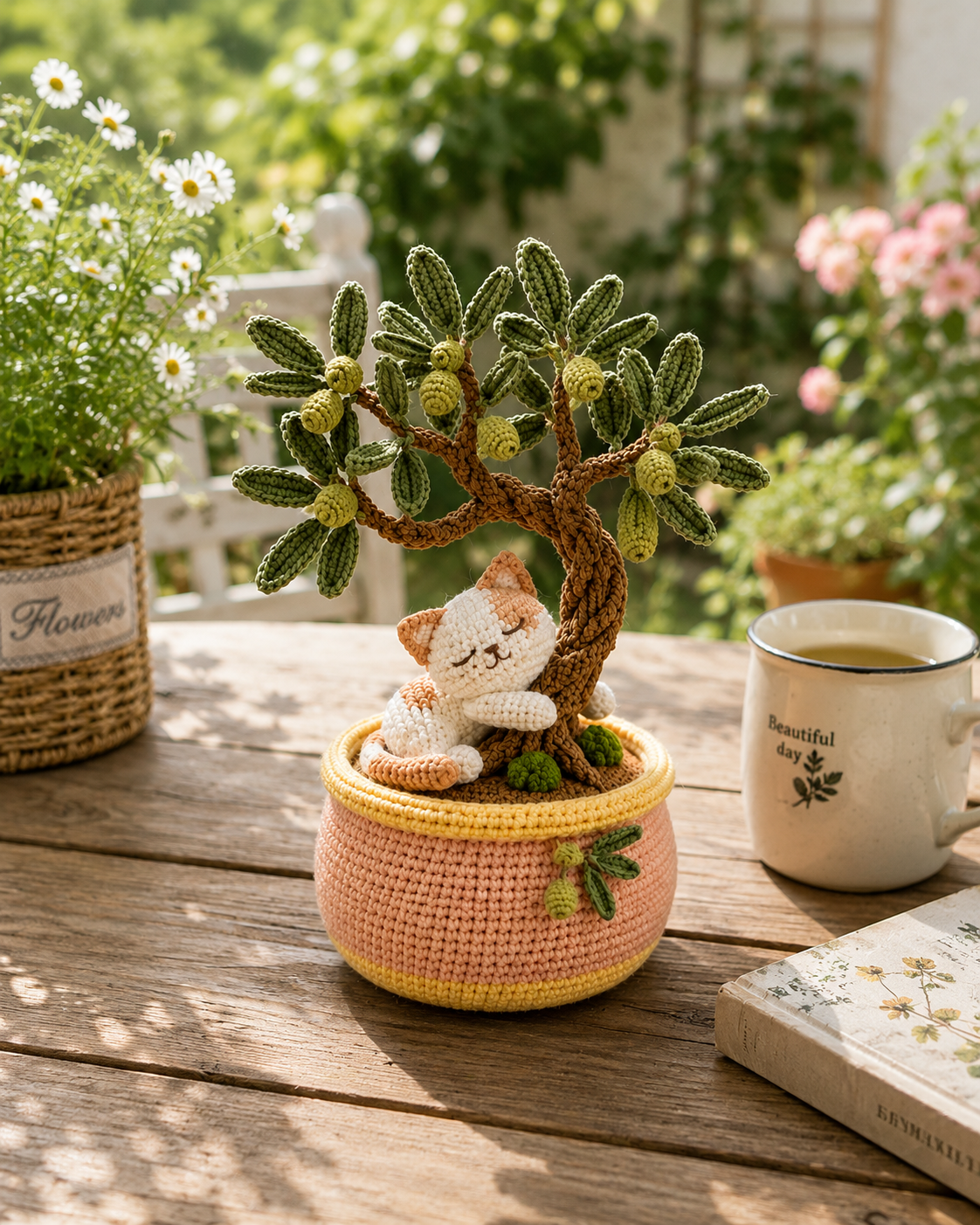 Handmade Crochet Cat with Olive Bonsai Tree – Sleeping Kitten Desk Decor