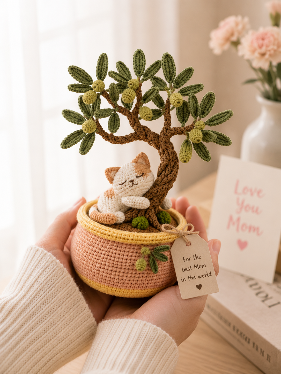 Handmade Crochet Cat with Olive Bonsai Tree – Sleeping Kitten Desk Decor
