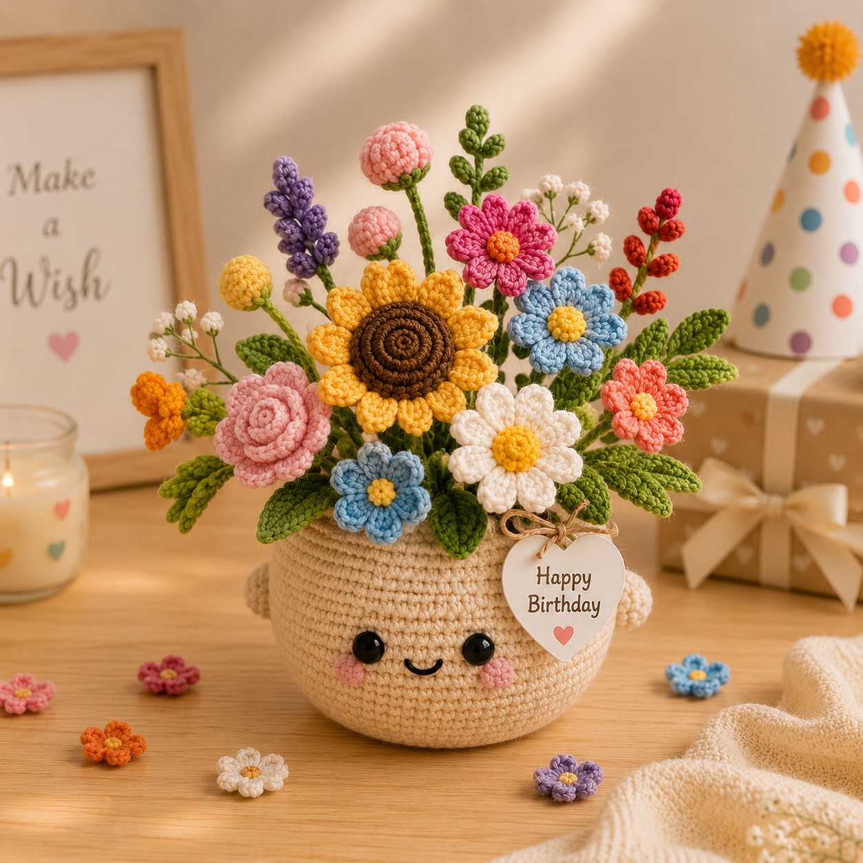 Handmade Crochet Birthday Flower Pot – Happy Birthday Floral Gift