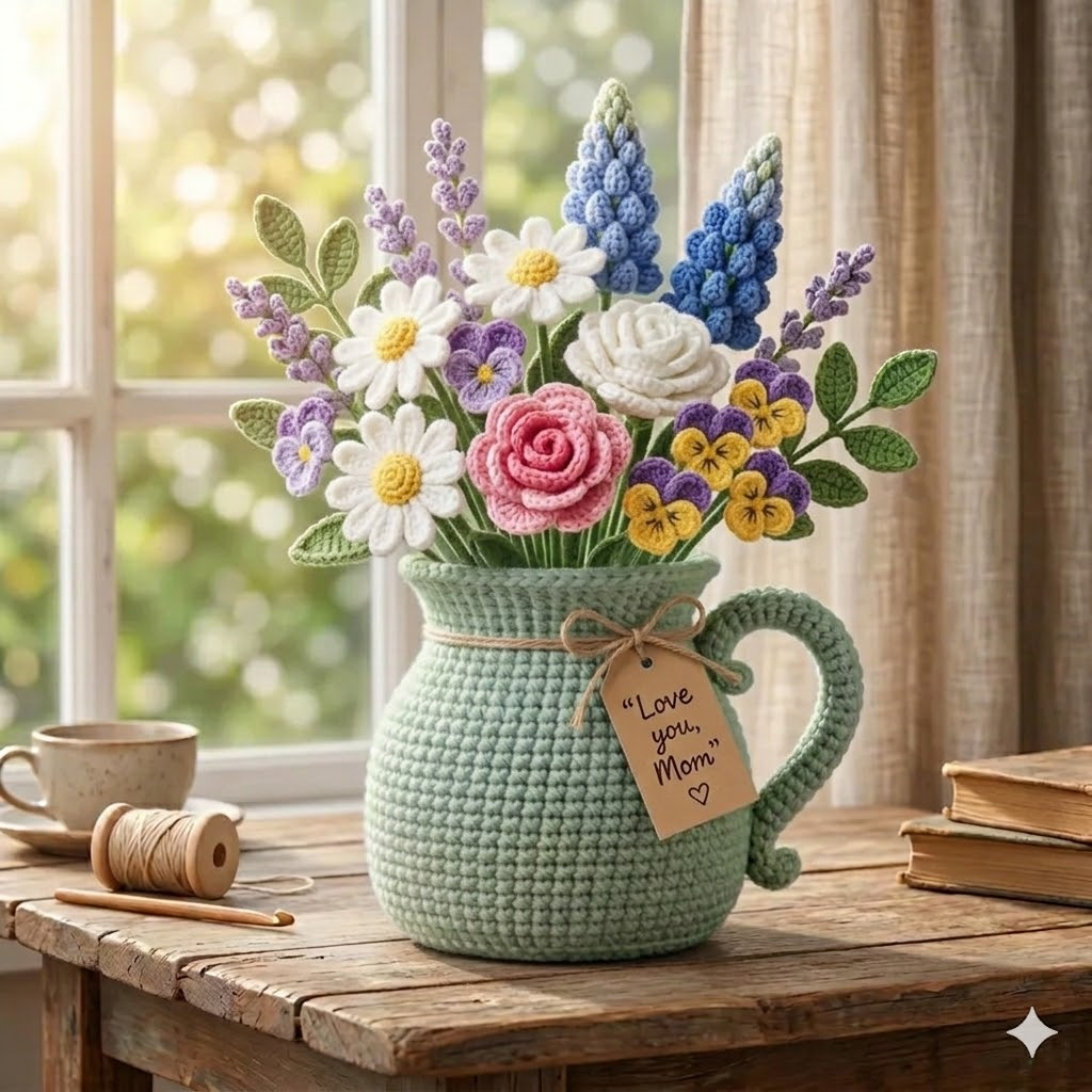 Handmade Crochet Flower Bouquet in Vase – Love You Mom Gift