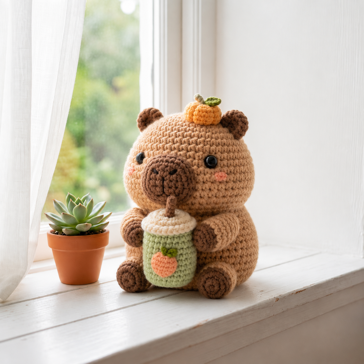 Handmade Crochet Capybara with Boba Tea – Cute Amigurumi Plush Gift